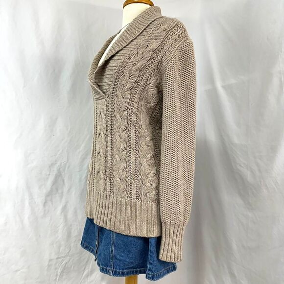 2000s OLD NAVY Rabbit Hair Chunky Cable Knit Fisherman Shawl Collar Sweater L - Picture 2 of 5